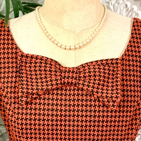 “Stop Staring” pumpkin orange and black houndstooth retro  look fitted dress- S - Picture 6 of 15